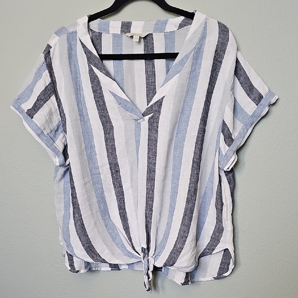 Lucky Brand Linen Blend Oversized Blue and White Striped Tie Front Shirt XL - Picture 1 of 8